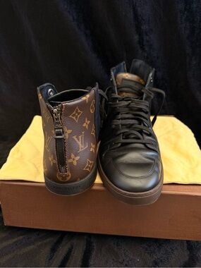 Louis Vuitton Black Leather & Monogram Brown High-Top Sneakers
